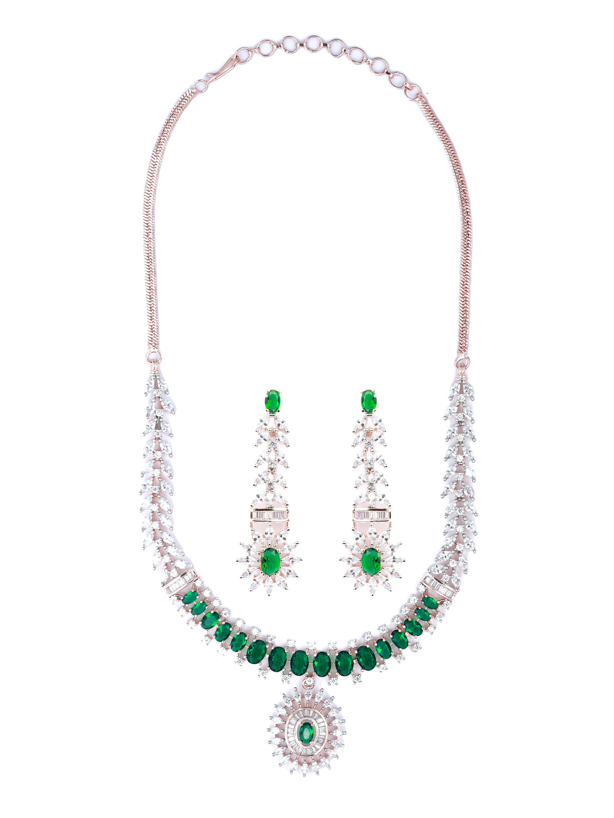 Trendy Green American Diamond Rose Gold Jewellery Set