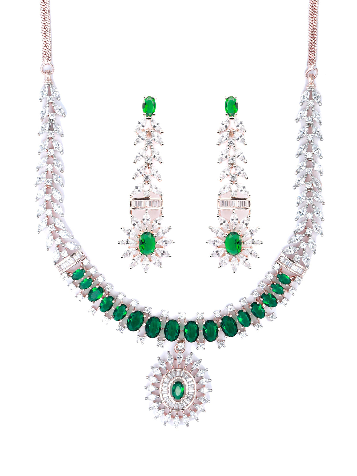 Trendy Green American Diamond Rose Gold Jewellery Set