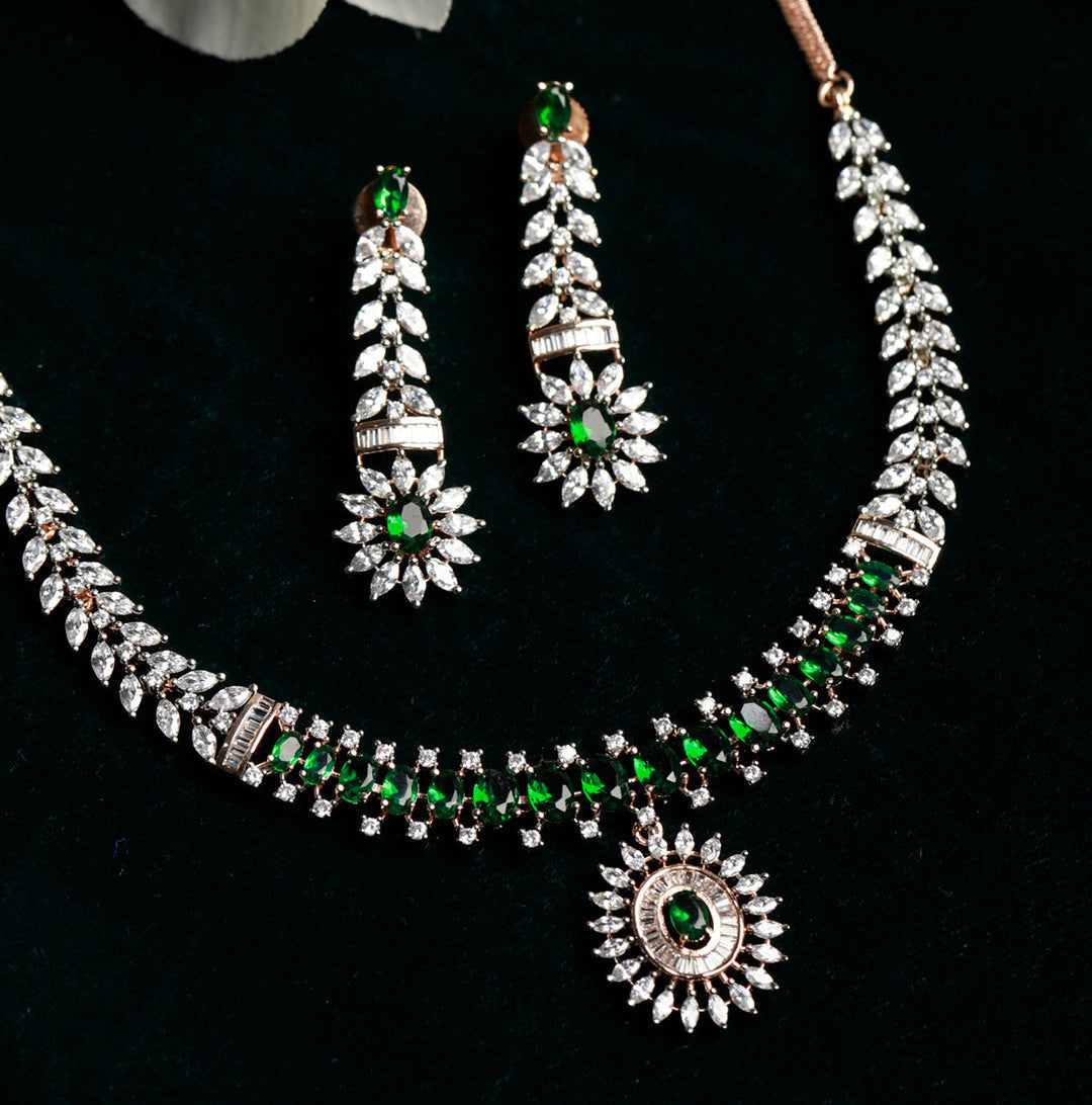 Trendy Green American Diamond Rose Gold Jewellery Set