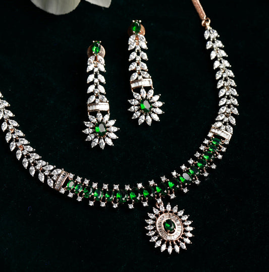 Trendy Green American Diamond Rose Gold Jewellery Set