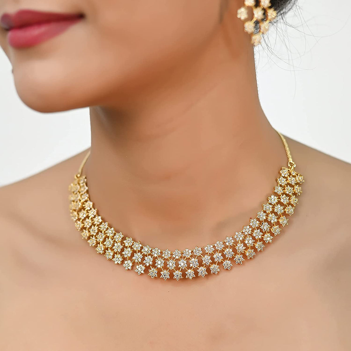 Luxury Vid-American Diamond Gold Plated Jewellery Set